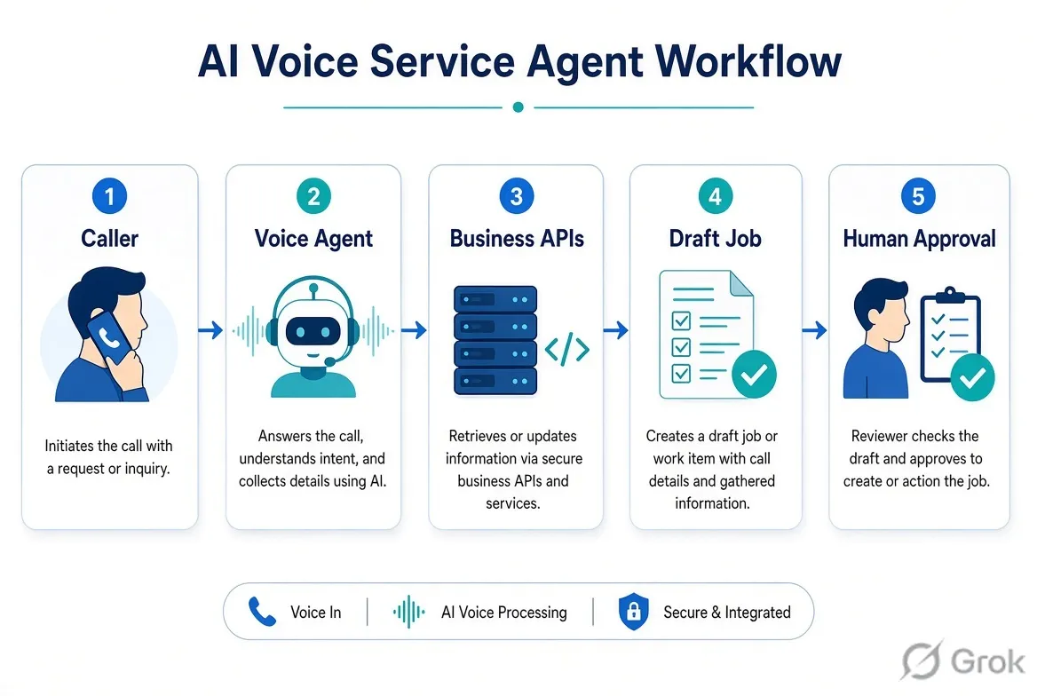 AI Voice Service Agent Prototype - A non-production personal learning prototype exploring how a voice agent can answer customer calls, retrieve current company data, use tools to create a job request, and keep final confirmation under human control.