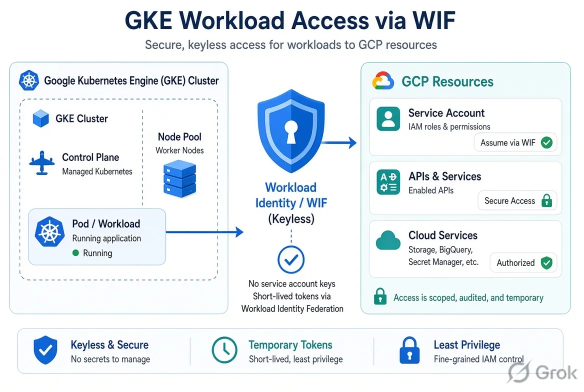 GKE workloads using Workload Identity Federation for keyless, short-lived access to GCP resources