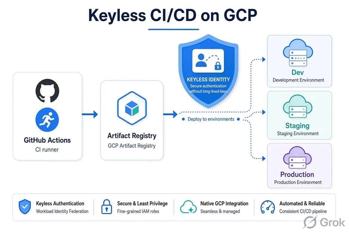 Keyless Multi-Environment CI/CD on GCP - A build-once delivery platform that publishes versioned artifacts from GitHub Actions, promotes them across environments, renders reusable Kustomize overlays, and uses Workload Identity Federation instead of long-lived service-account keys.